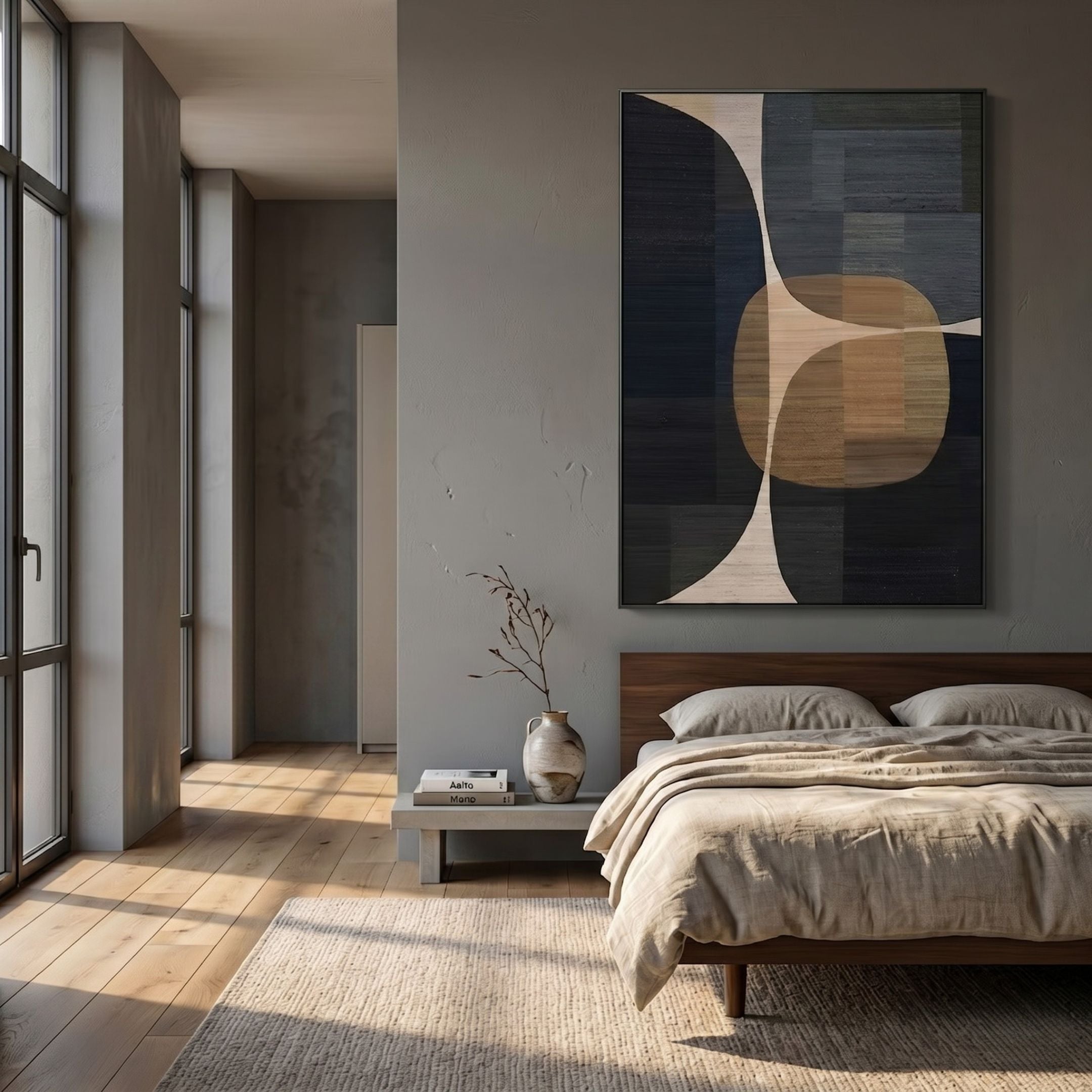 Striatura Navy & Sandstone Rope Abstract 3D Wall Art with curved navy and tan forms, mounted above a wood bed with linen bedding in a sunlit bedroom.