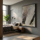 Metallura Taupe & Silver Metallic Flow Abstract 3D Wall Art by Giant Sculptures displayed above a walnut nightstand in a grey-walled bedroom with linen bedding.