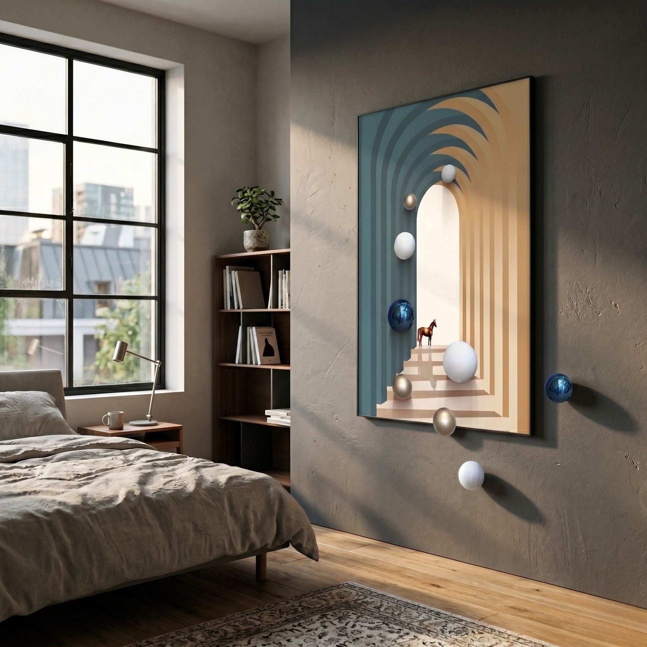 Vaultis Teal & Sand Archway 3D Wall Art With Metal Balls by Giant Sculptures displayed on a grey bedroom wall beside a window, bookshelf, and bed.