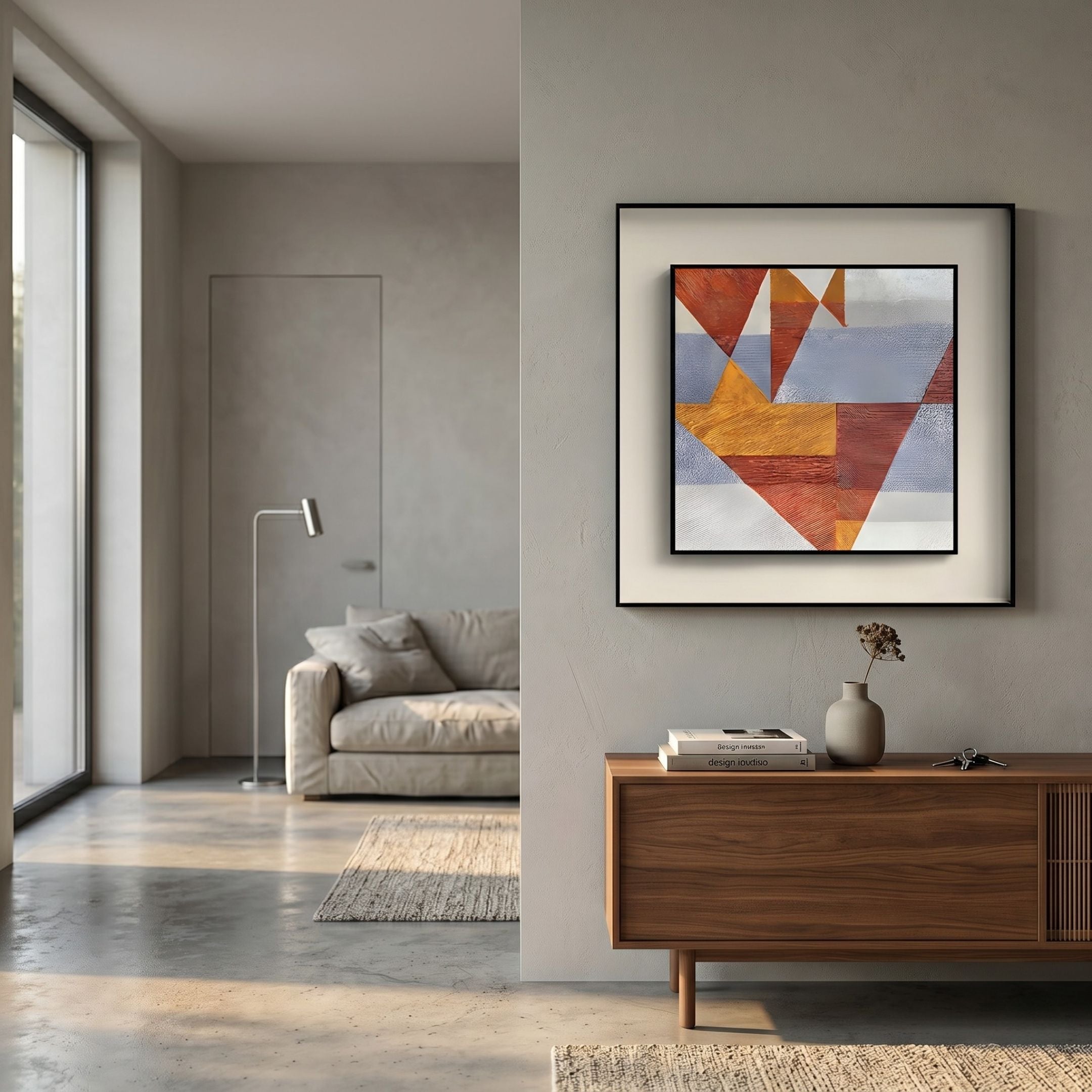 Aerolith Terracotta Geometry Abstract Textured Framed Wall Art by Giant Sculptures, displayed above a walnut console in a modern living room with a beige sofa.