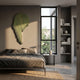 Arclune Olive Drift Sculptural Felt 3D Wall Art by Giant Sculptures, mounted above a linen-dressed bed in a wabi-sabi bedroom with a tall window and shelving.