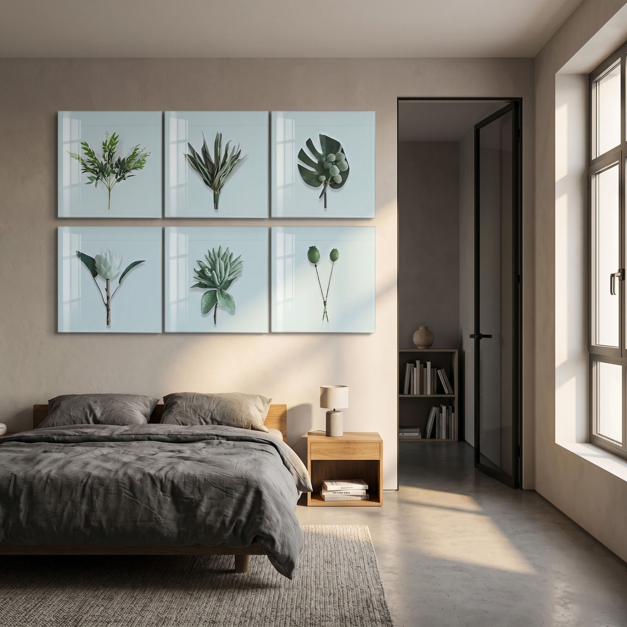 Florvara Botanical Leaves 6-Panel Clear Acrylic 3D Wall Art by Giant Sculptures displayed above a bed in a neutral bedroom with grey linens and wooden nightstand.