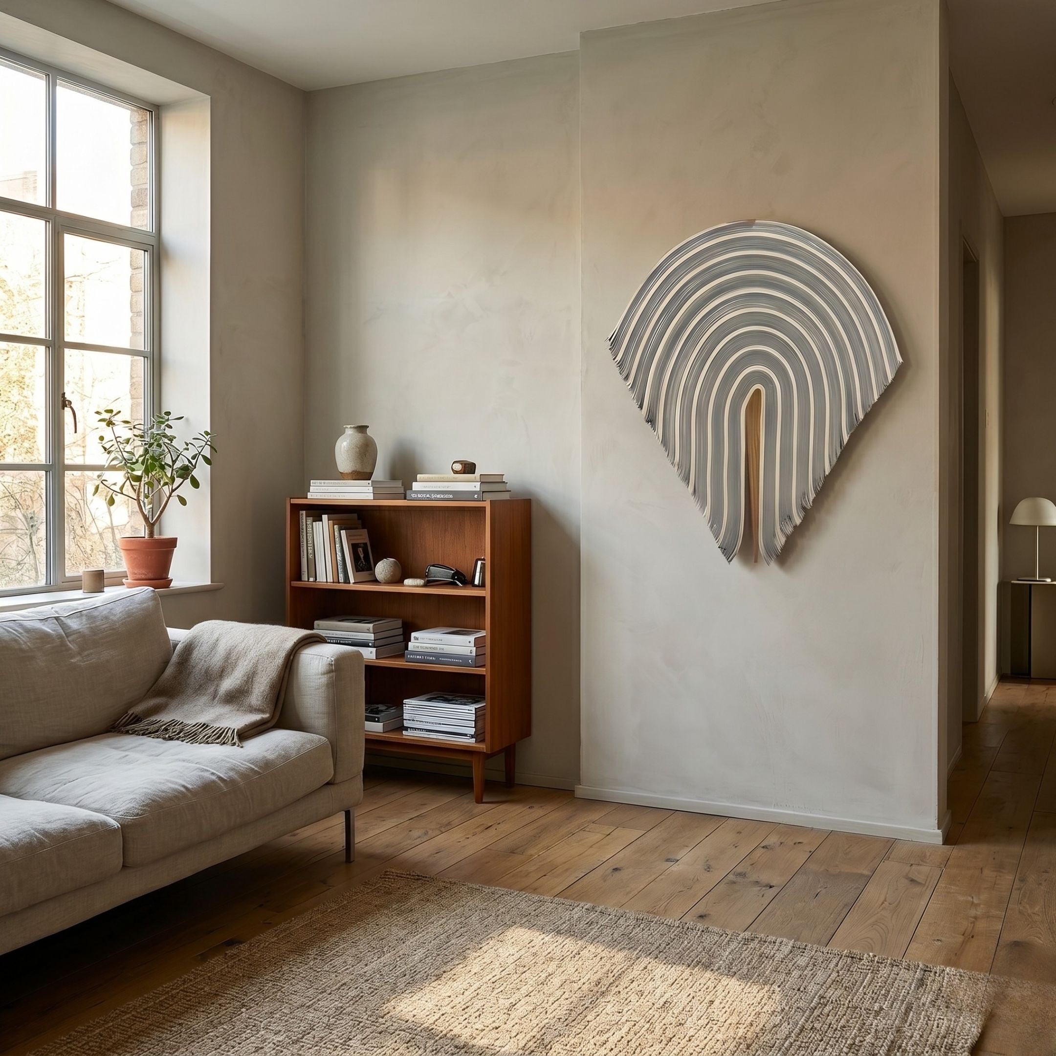 Arclune Grey & White Stripe Sculptural Felt 3D Wall Art by Giant Sculptures, layered arch form displayed in a living room above a teak bookshelf beside a linen sofa.