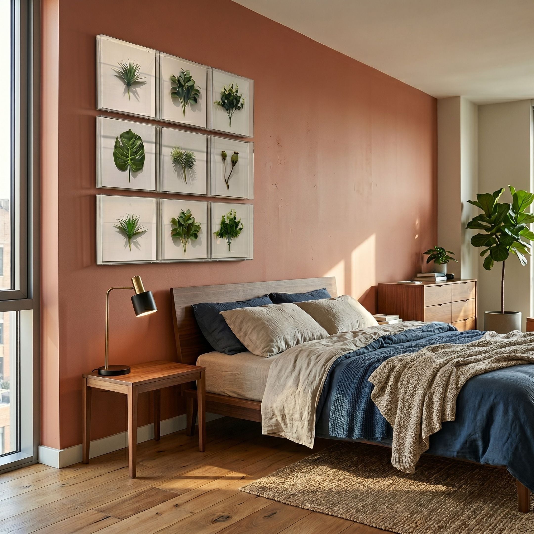 Florvara Botanical Leaves 9-Panel Acrylic 3D Wall Art by Giant Sculptures displayed on a terracotta bedroom wall above a wooden bed with navy and beige linens.