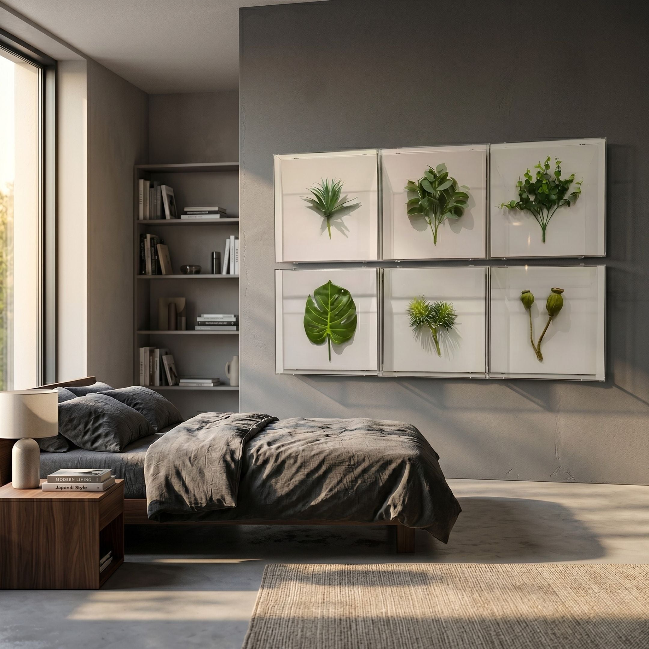 Florvara Botanical Leaves 6-Panel Acrylic 3D Wall Art by Giant Sculptures displayed in a 2x3 grid on a grey bedroom wall above a linen-dressed bed.