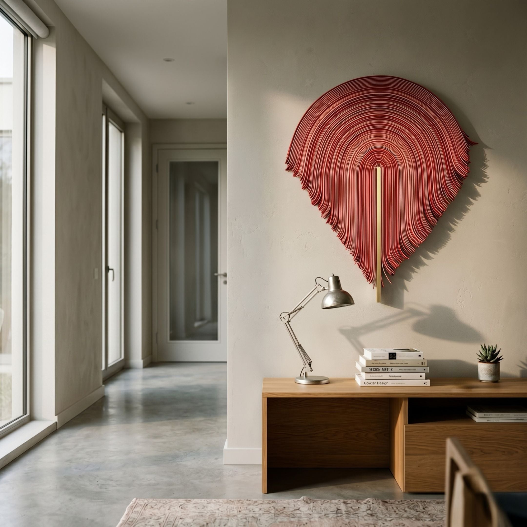 Arclune Crimson Fold Sculptural Felt 3D Wall Art by Giant Sculptures, layered crimson-to-pink arches with a golden stem, displayed above a wooden console in a hallway.