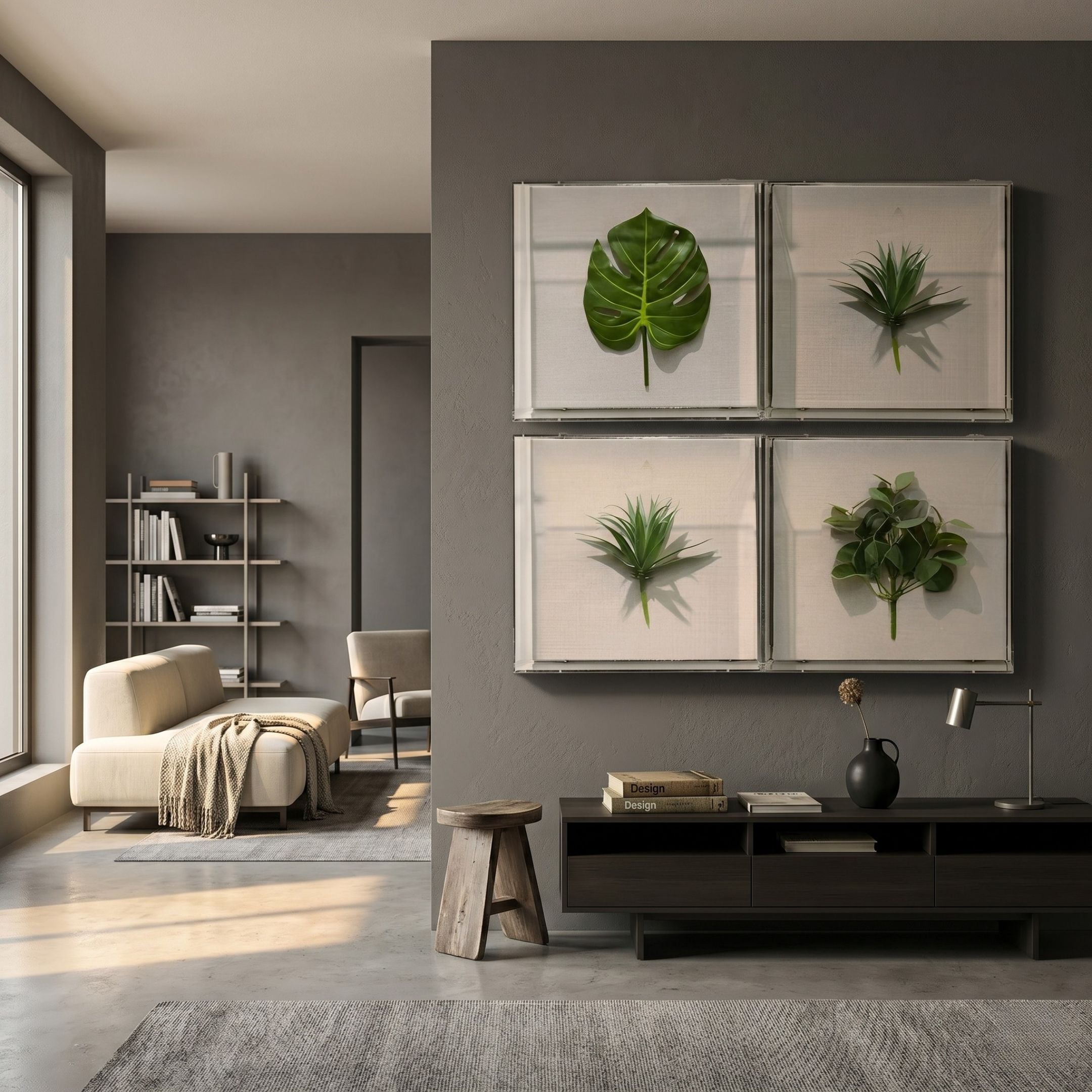 Florvara Botanical Leaves 4-Panel Acrylic 3D Wall Art by Giant Sculptures in a 2×2 grid on a grey wall above a dark console in a modern living room.