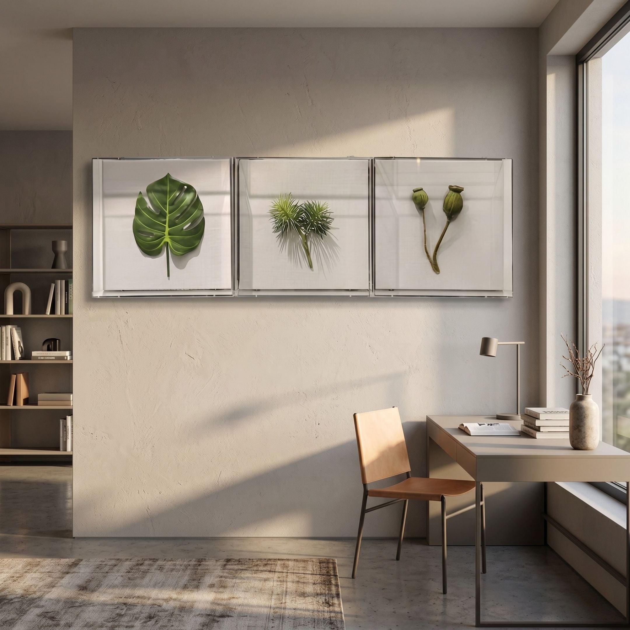 Florvara Monstera Leaf Botanical 3-Panel Acrylic 3D Wall Art by Giant Sculptures, displayed above a desk in a sunlit Nordic home office with bookshelves.