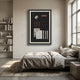 Vintor Gentleman Pipe, Cigar & Heritage Framed Wall Art by Giant Sculptures displaying a flask, cigars, pipes and clippings, hung above a bed in a neutral bedroom.