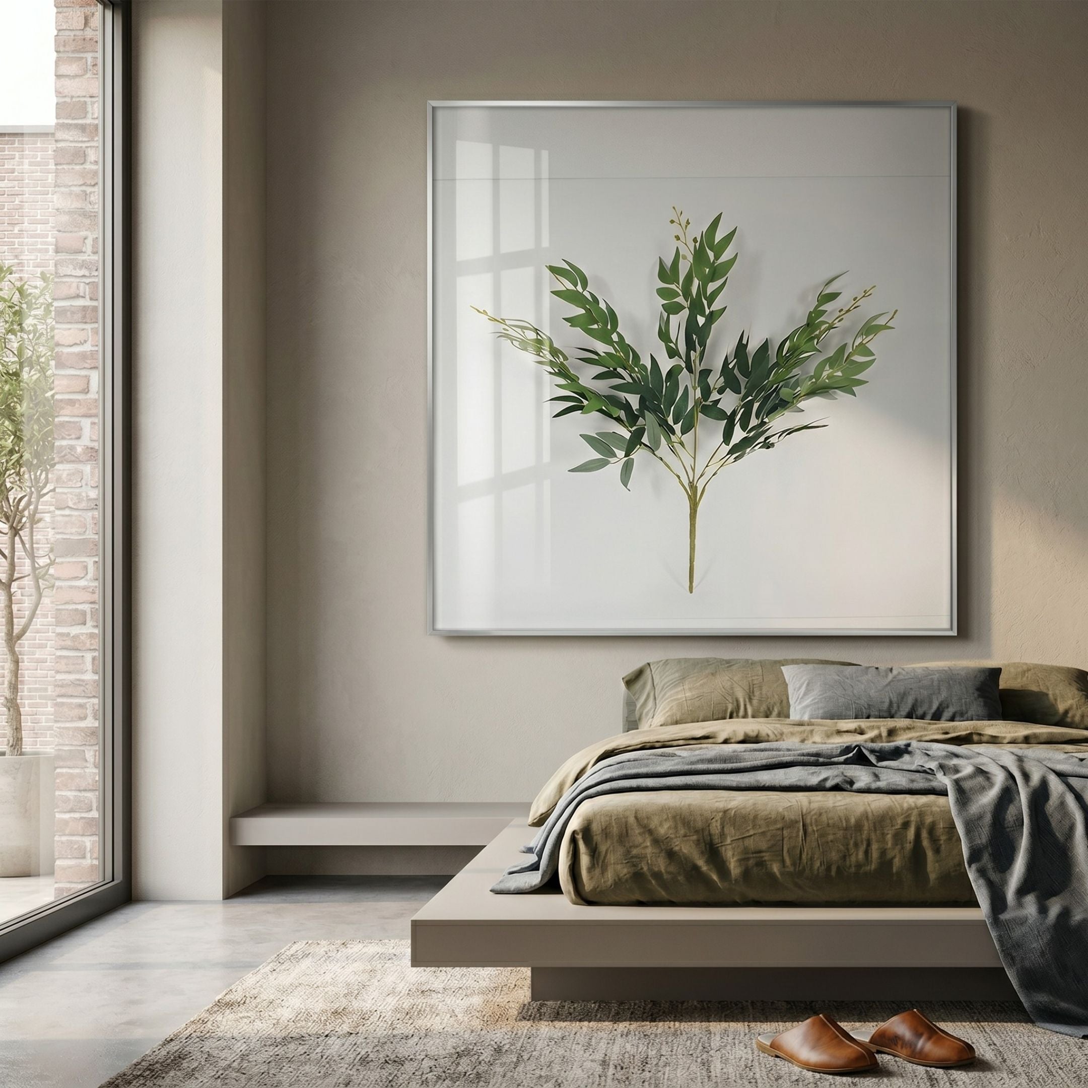 Florvara Eucalyptus Stem Botanical Clear Acrylic 3D Wall Art by Giant Sculptures displayed above a low platform bed with olive linen in a Nordic bedroom.