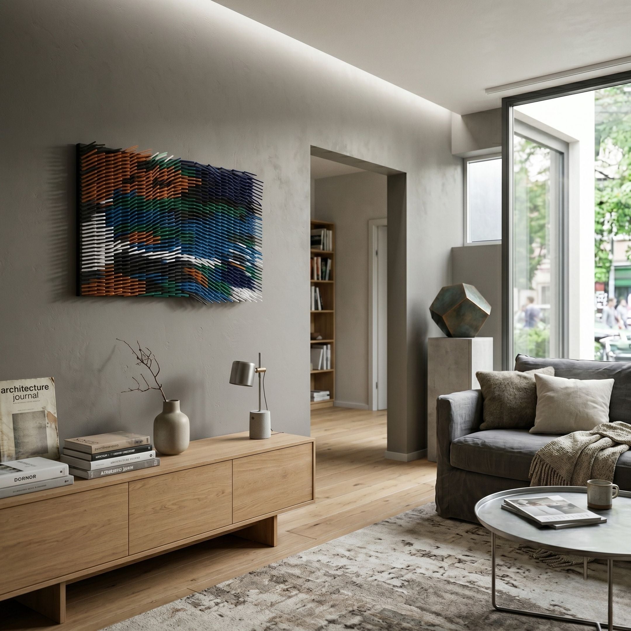 Waverno Blue & Green Flow Metal 3D Wall Art by Giant Sculptures displayed above an oak sideboard in a modern living room with grey sofa and large window.