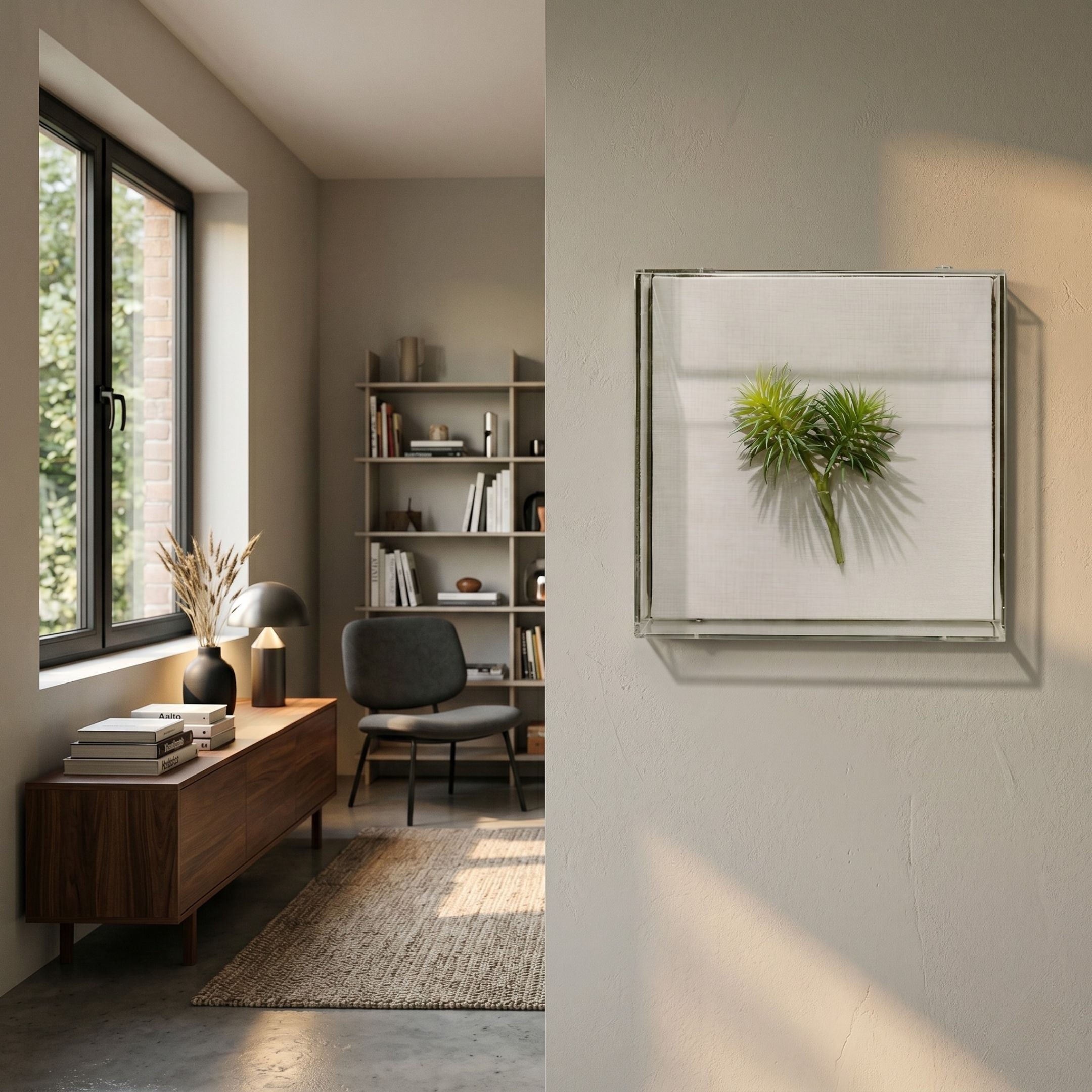 Florvara Pine Needle Botanical Acrylic 3D Wall Art by Giant Sculptures, displayed on a beige wall beside a Nordic reading nook with walnut sideboard and bookshelf.
