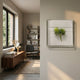 Florvara Pine Needle Botanical Acrylic 3D Wall Art by Giant Sculptures, displayed on a beige wall beside a Nordic reading nook with walnut sideboard and bookshelf.