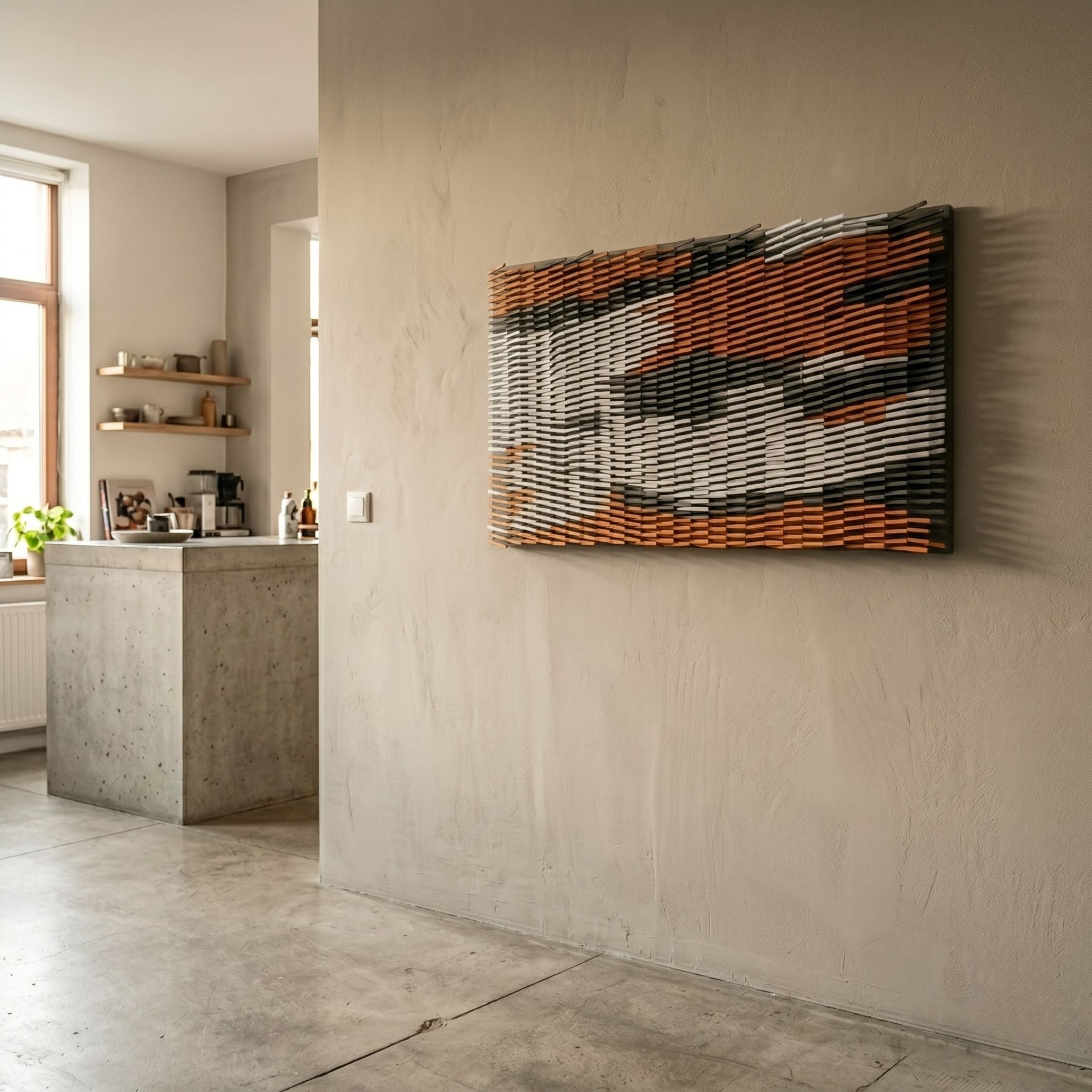 Waverno Ember & Graphite Flow Metal 3D Wall Art by Giant Sculptures mounted on a beige wall in a modern kitchen with a concrete island and shelving.