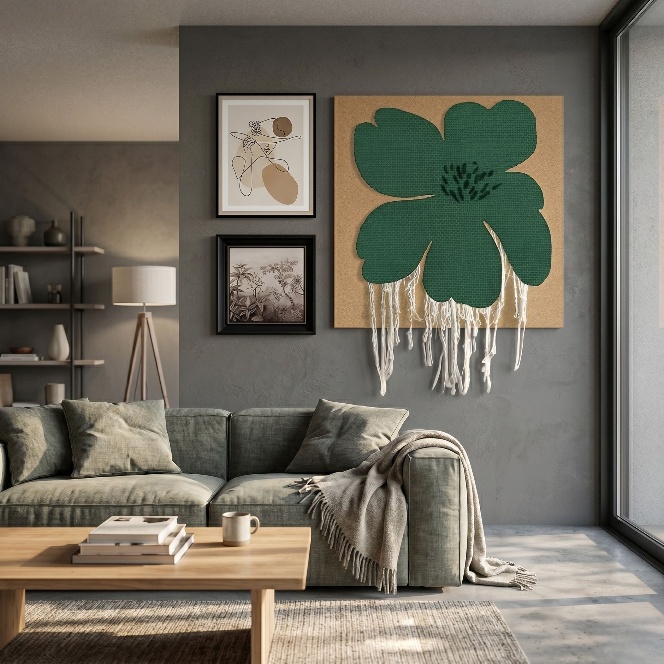 Florayne 3-Set Green Woven Textured 3D Wall Art by Giant Sculptures displayed on a grey wall above a sage linen sofa in a modern living room.