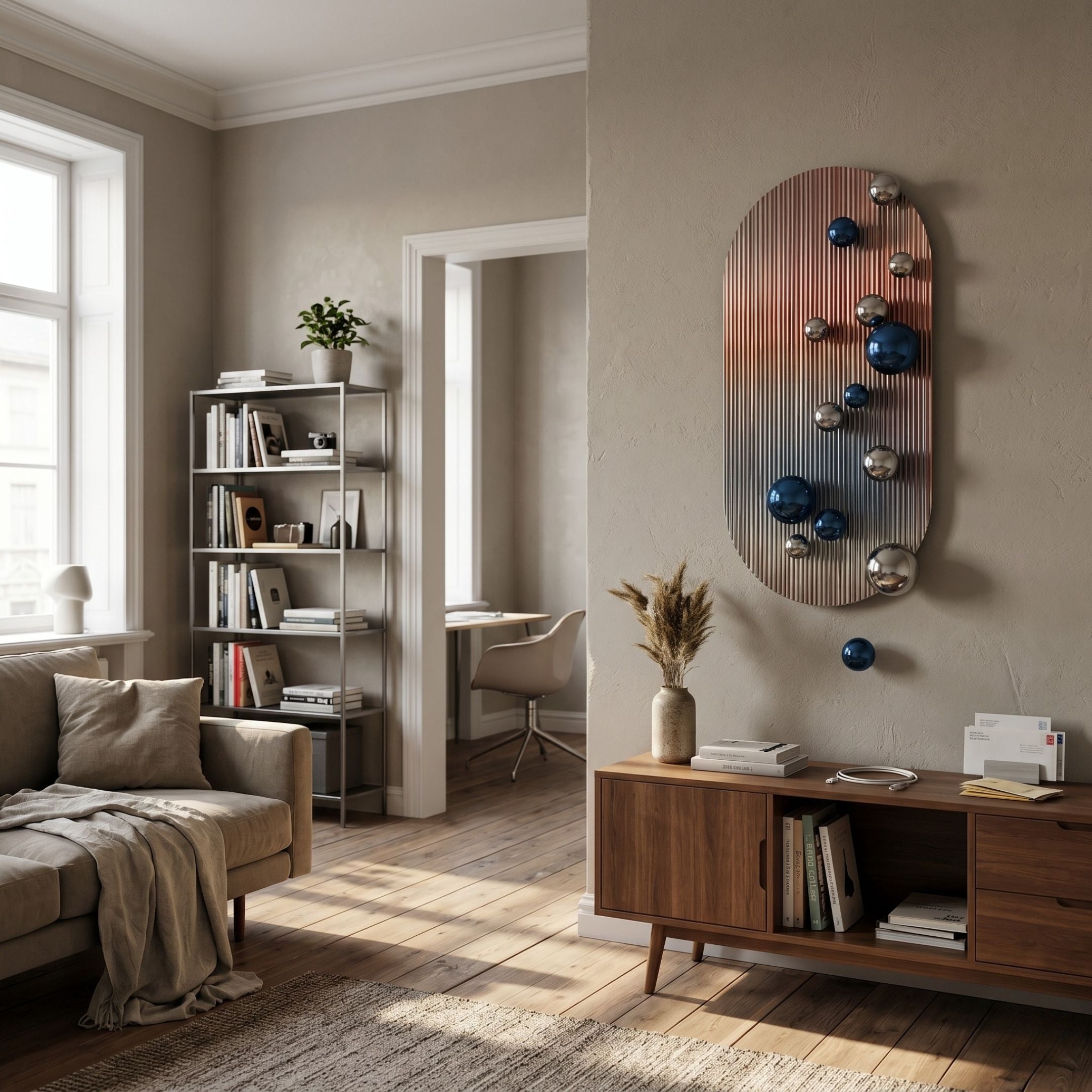 Virellon Rose Gradient 3D Wall Art with blue and silver metal balls mounted on a ribbed oval panel above a walnut sideboard in a living room.