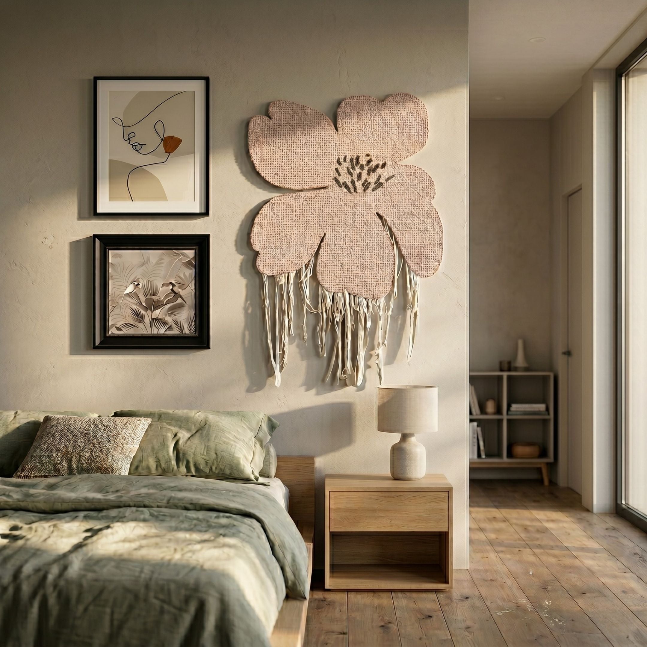 Florayne 3-Set Blush Pink Woven Textured 3D Wall Art by Giant Sculptures displayed above a wooden nightstand in a bedroom with sage green linens.