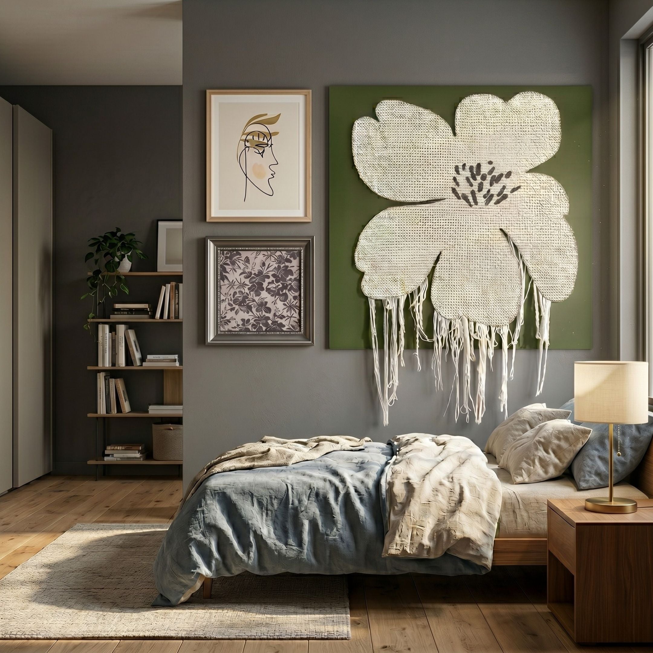 Florayne 3-Set Ivory Woven Textured 3D Wall Art by Giant Sculptures displayed in a grey bedroom, featuring a line-drawn face, floral print, and yarn flower.