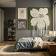 Florayne 3-Set Ivory Woven Textured 3D Wall Art by Giant Sculptures displayed in a grey bedroom, featuring a line-drawn face, floral print, and yarn flower.