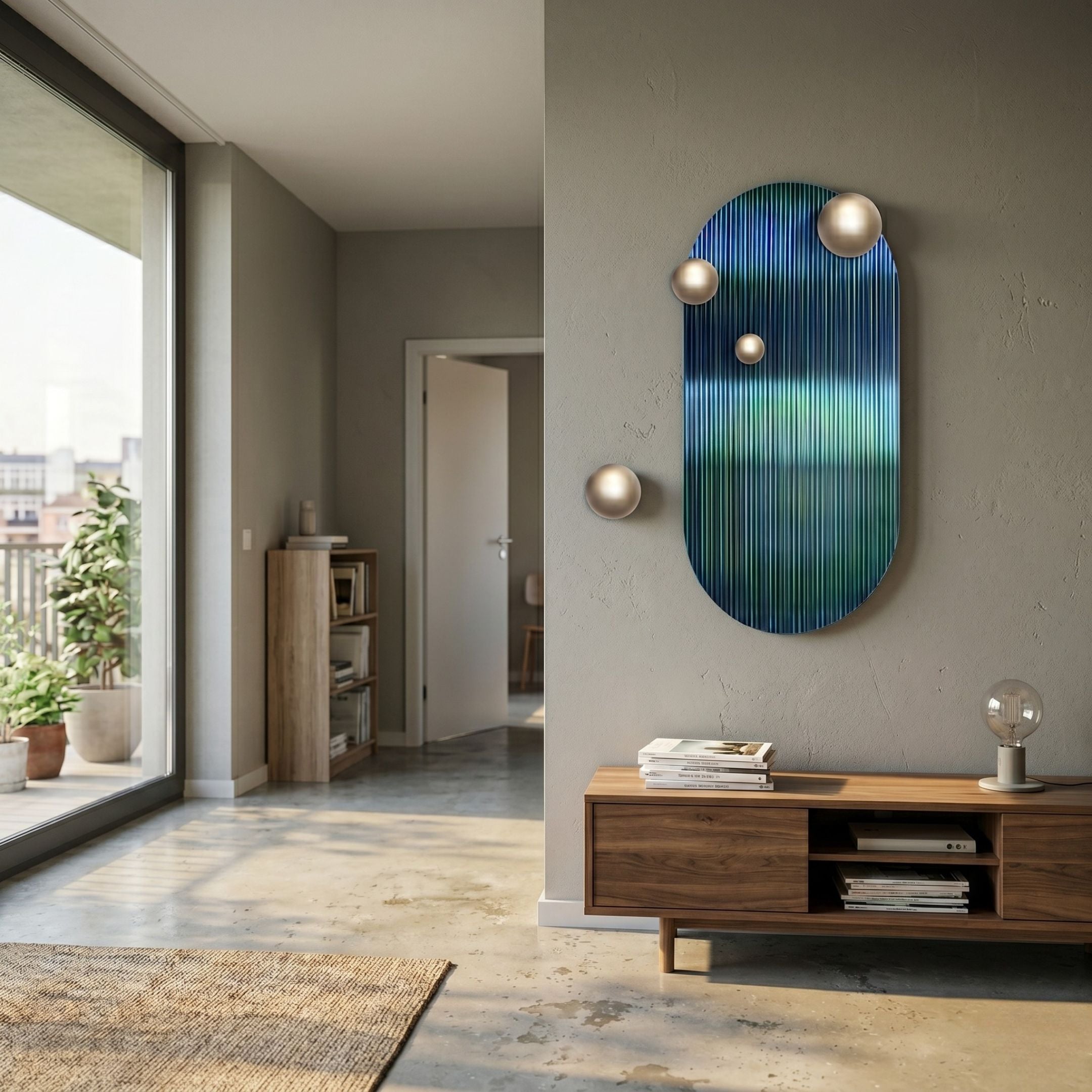 Virellon Blue Gradient 3D Wall Art with champagne metal balls mounted on a grey wall above a walnut media console in a modern living room.