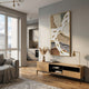 Pisaro Gold Fish Earthy Layers & White Oil Canvas 3D Wall Art by Giant Sculptures displayed above a wooden console in a modern living room with kitchen view.