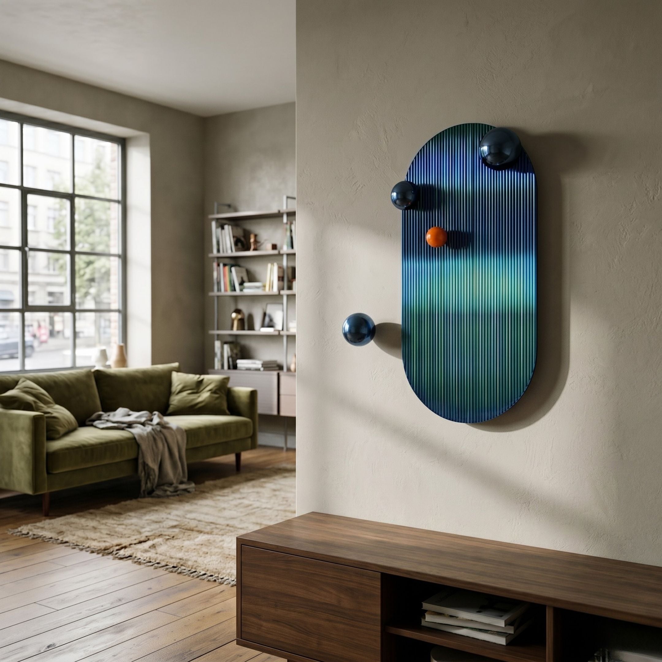 Virellon Blue Gradient 3D Wall Art with dark blue and orange metal balls mounted on a living room wall above a walnut console near a green sofa.