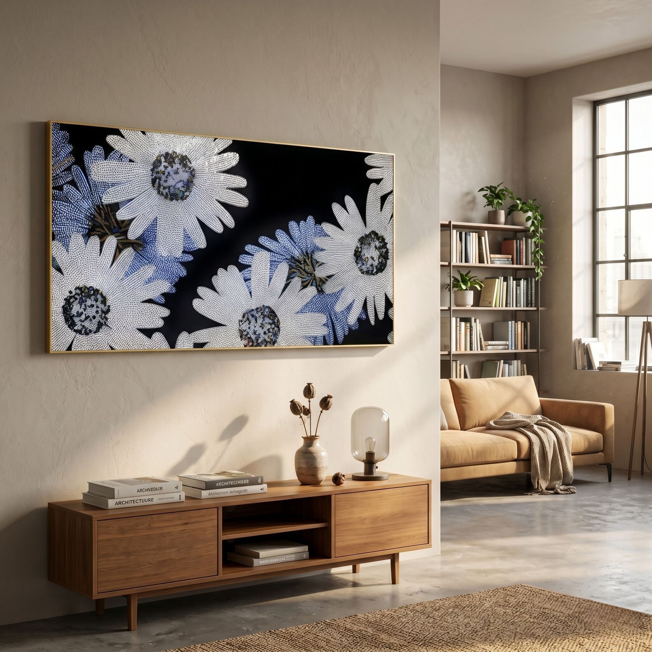 Floravida White & Blue Crystal Daisy Floral 3D Wall Art mounted above a wooden console in a modern living room with a tan sofa and bookshelf.