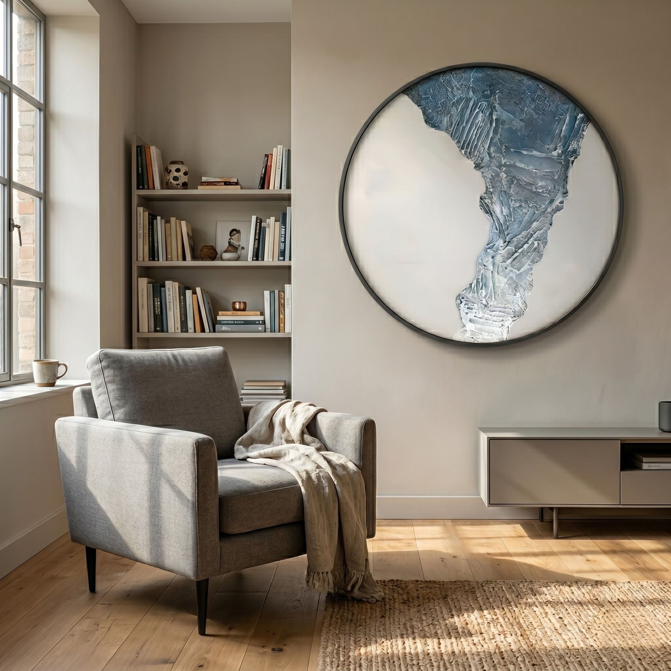 Giant Sculptures Cryora Blue Flow Textured Round 3D Wall Art with glacial blue and white ridges in a black frame, displayed above a console beside a grey armchair.