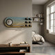Nexivra Mist Gradient Techscape Interactive 3D Wall Art by Giant Sculptures mounted in a bedroom above a wooden console, near bookshelves and a linen bed.