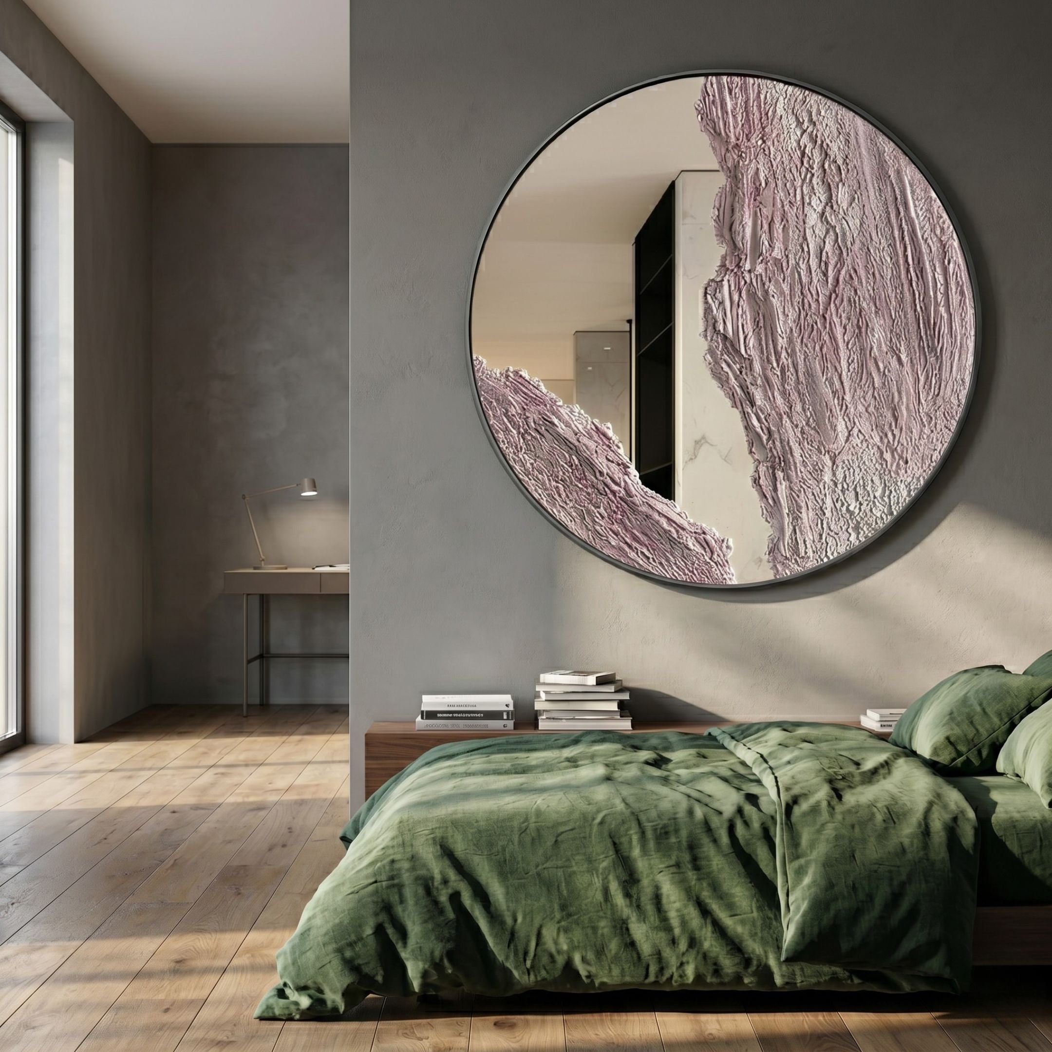 Giant Sculptures Erosian Blush Vein Textured Round Mirror 3D Wall Art mounted on a grey bedroom wall above a green linen bed and stacked books.