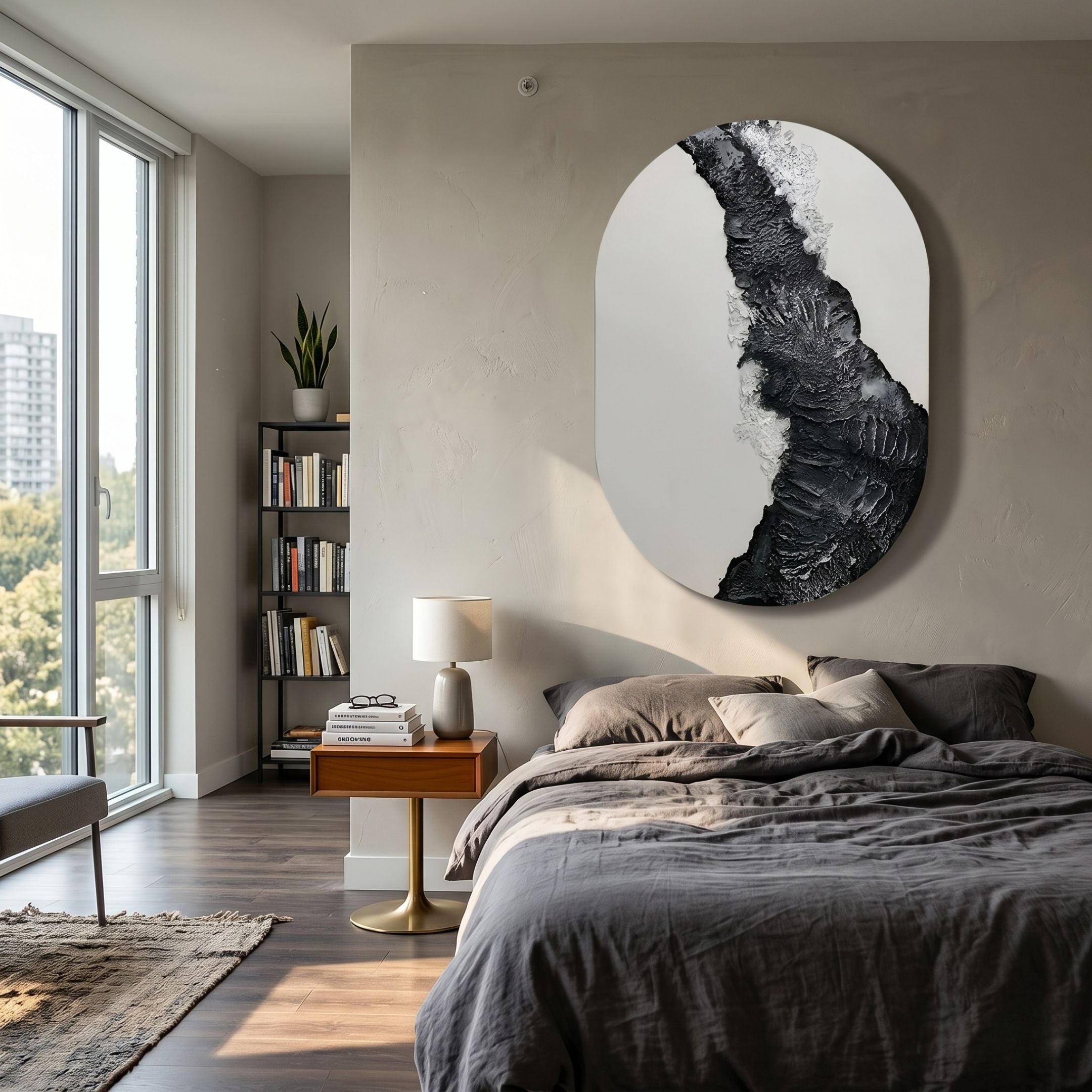 Giant Sculptures Orrica Silver & Black Textured Relief 3D Wall Art mounted on a beige bedroom wall above a wooden nightstand beside a grey linen bed.