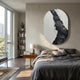 Giant Sculptures Orrica Silver & Black Textured Relief 3D Wall Art mounted on a beige bedroom wall above a wooden nightstand beside a grey linen bed.