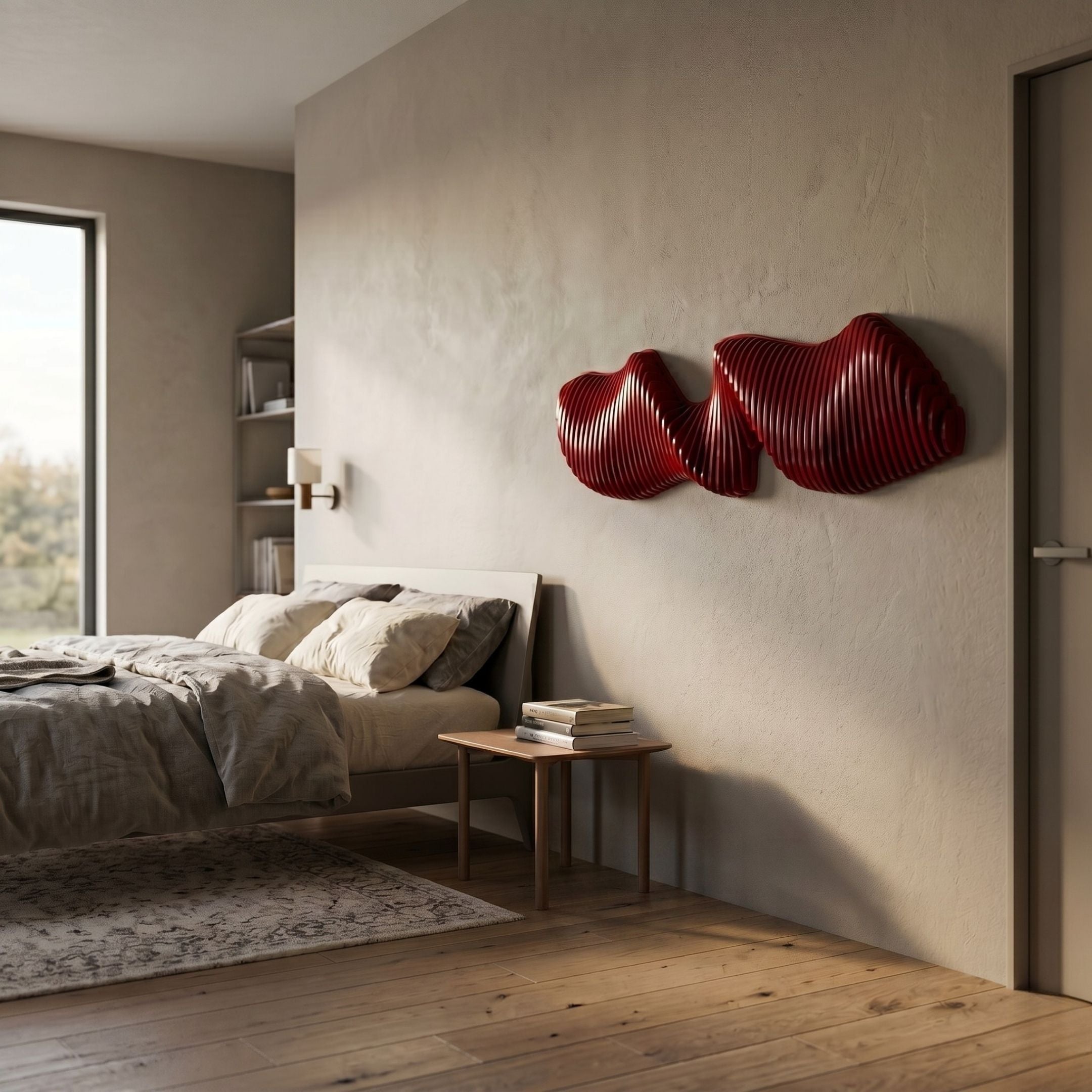 Aeravox Red Waveform Sculptural 3D Wall Art by Giant Sculptures, mounted above a bed in a modern bedroom with beige walls, grey linens, and wood flooring.