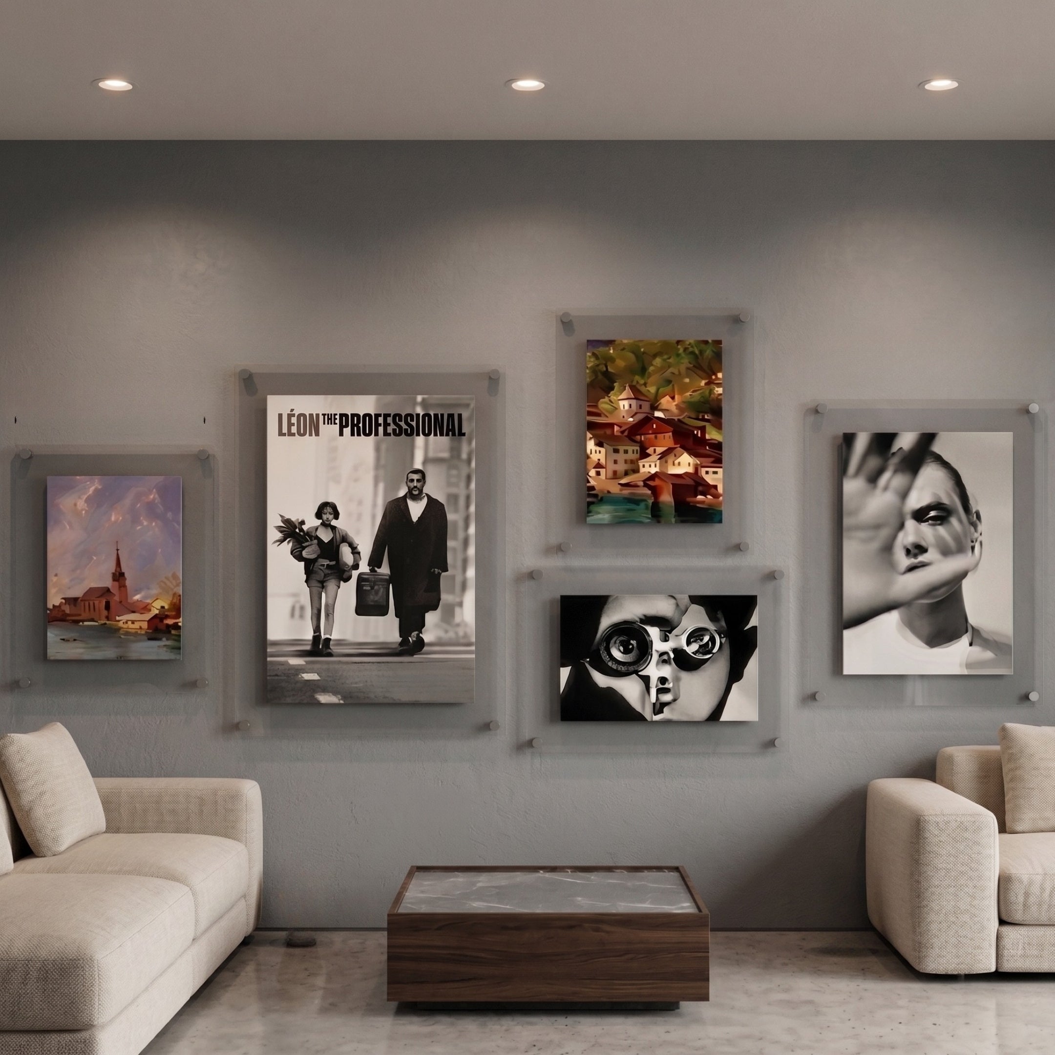 CineLuxe Cinematic Portrait 5-Panel Acrylic Wall Art by Giant Sculptures displayed on a grey wall in a modern lounge, featuring monochrome portraits and a colorful village scene mounted with floating acrylic frames above beige sofas.