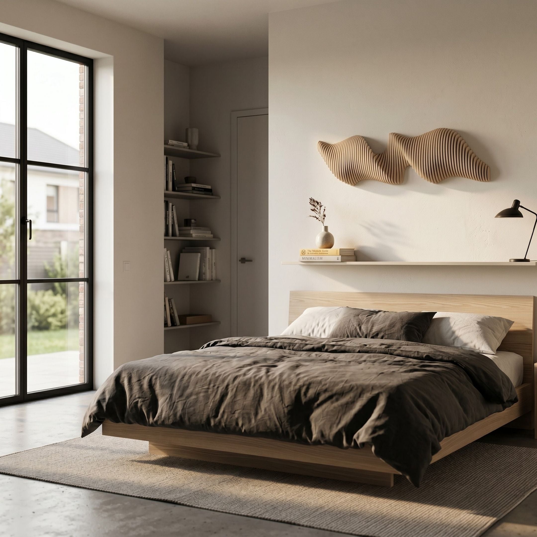 Aeravox Cream Waveform Sculptural 3D Wall Art mounted above a wooden bed with dark linen bedding in a minimalist bedroom with shelving and tall window.