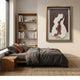 Stratavine Clay & White Layered Wood Carving 3D Wall Art mounted above a grey-linen bed in a wabi-sabi bedroom with oak bookshelf and wooden floor.