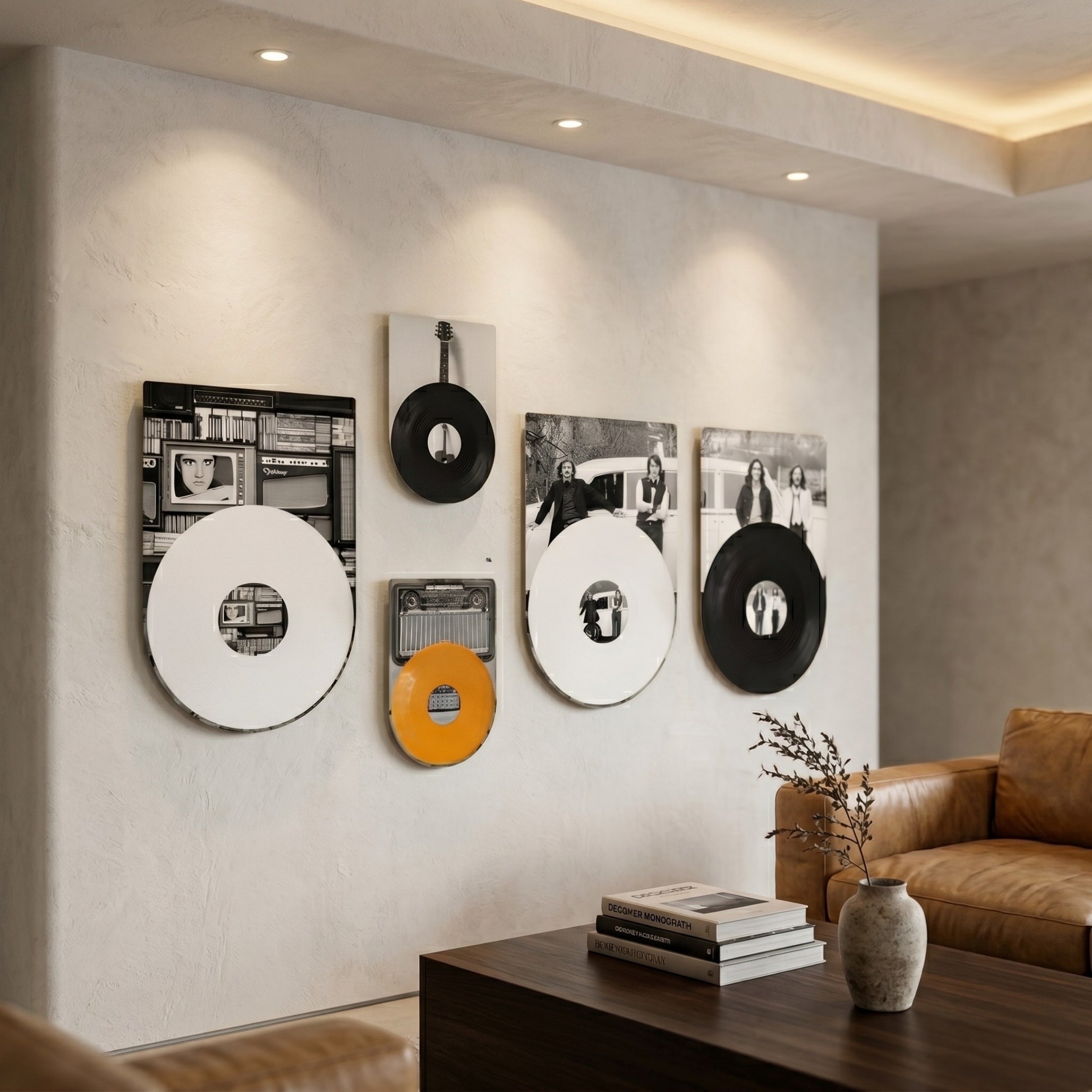 Pressline Beatles Retro Record Montage 5-Panel Wall Art displayed on a textured cream wall in a living room with a tan leather sofa, dark side table, and books.