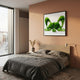Verdifable Square Green Puppy Ears Moss 3D Wall Art by Giant Sculptures displayed above a wooden bed with grey linens in a peach-toned bedroom.