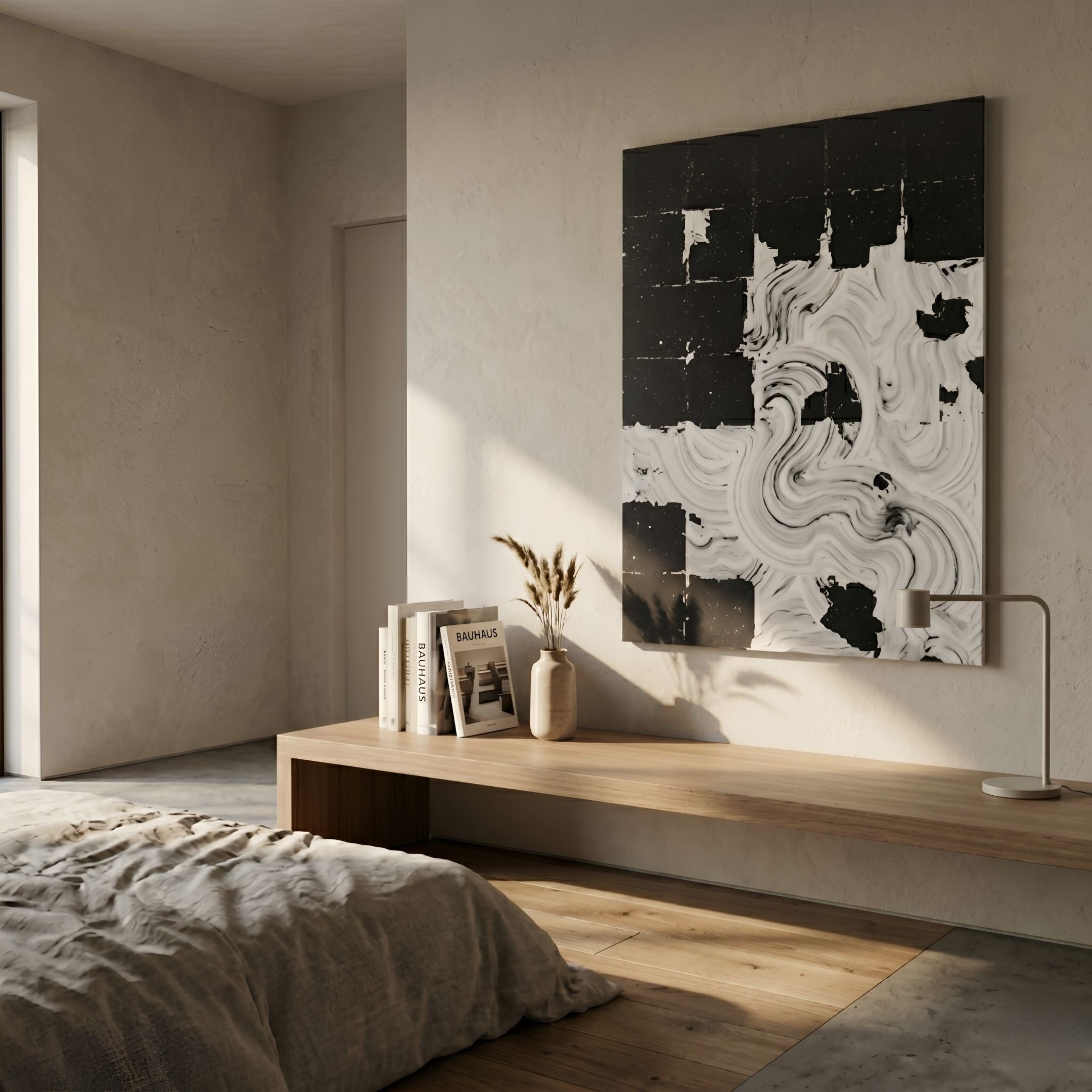 Averis Black & White Swirl Abstract 3D Wall Art by Giant Sculptures displayed above a low wooden console with books and pampas grass in a minimalist bedroom.