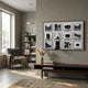 Optivis Monochrome Architecture & Camera 3D Wall Art by Giant Sculptures, twelve-panel grid of black-and-white photography and sculpted vintage cameras, displayed above a walnut console in a modern living room.