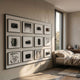 Optivis Linear Camera Montage 3D Wall Art by Giant Sculptures, twelve black-framed monochrome panels of vintage cameras and abstract graphics, in a sunlit bedroom.