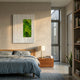 Verdure IV White Ripple & Green Moss 3D Wall Art by Giant Sculptures displayed above a wooden bed with grey linen in a sunlit Nordic bedroom.