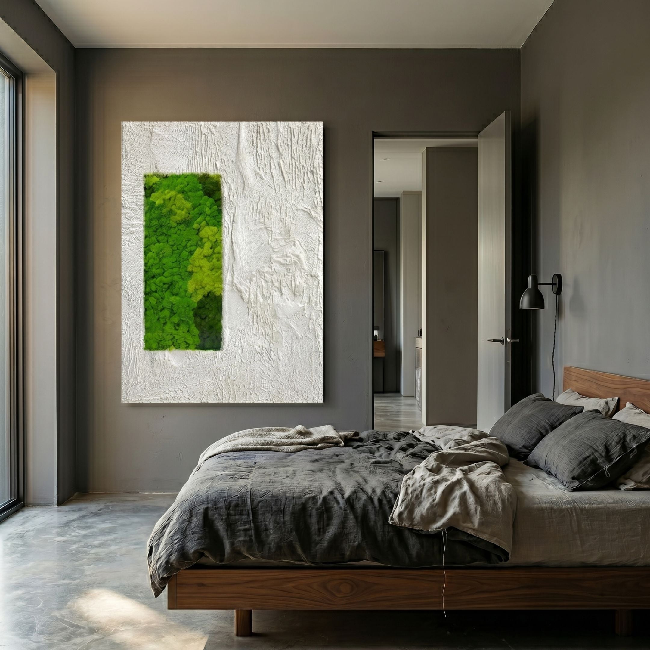 Verdure II White Ripple & Green Moss 3D Wall Art by Giant Sculptures displayed in a grey bedroom above a wooden bed with linen bedding.