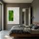 Verdure II White Ripple & Green Moss 3D Wall Art by Giant Sculptures displayed in a grey bedroom above a wooden bed with linen bedding.