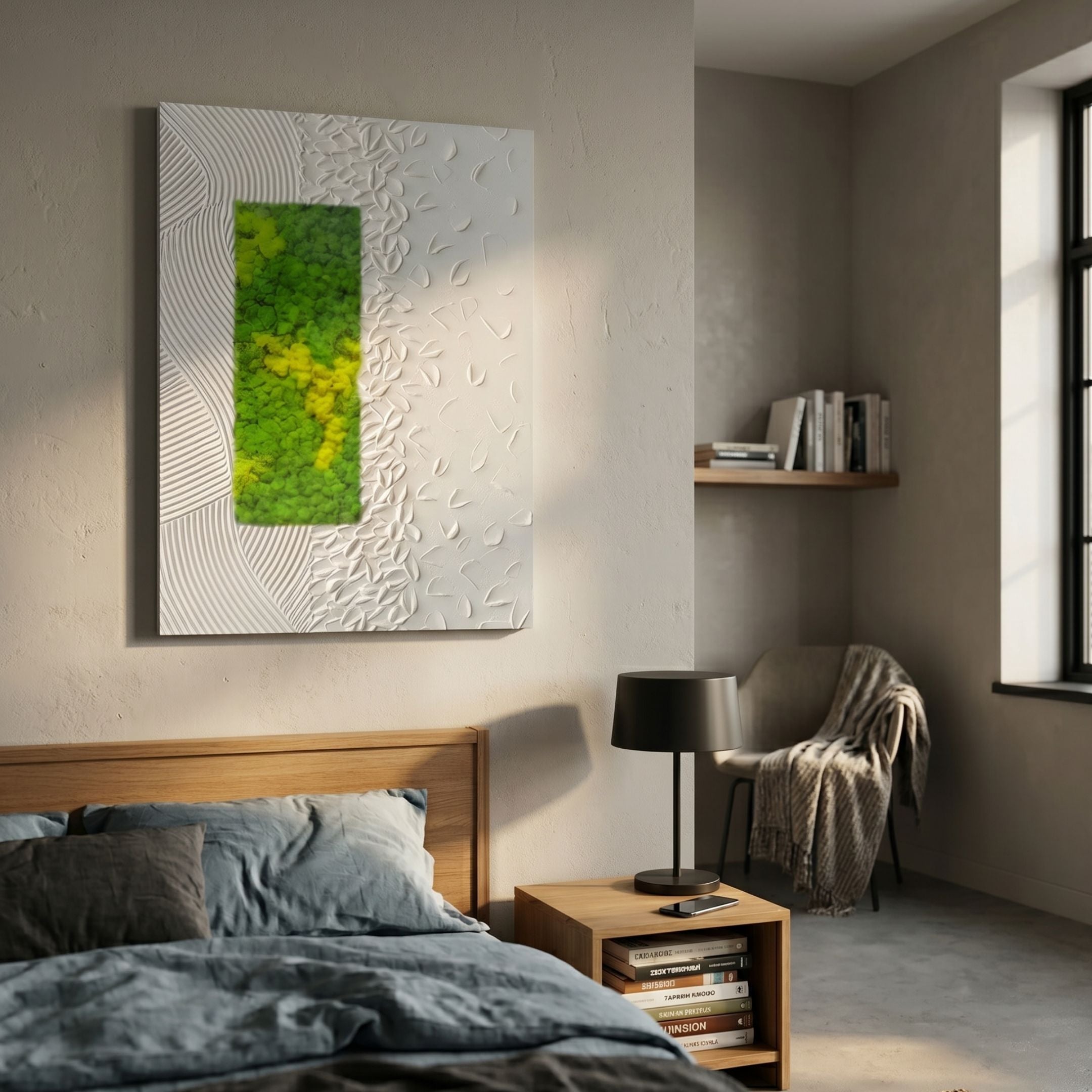 Verdure I White Ripple & Green Moss 3D Wall Art by Giant Sculptures displayed above a wooden bed in a Nordic bedroom with grey linens and a reading nook.