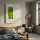 Verdure I White Ripple & Green Moss 3D Wall Art by Giant Sculptures displayed above a wooden bed in a Nordic bedroom with grey linens and a reading nook.