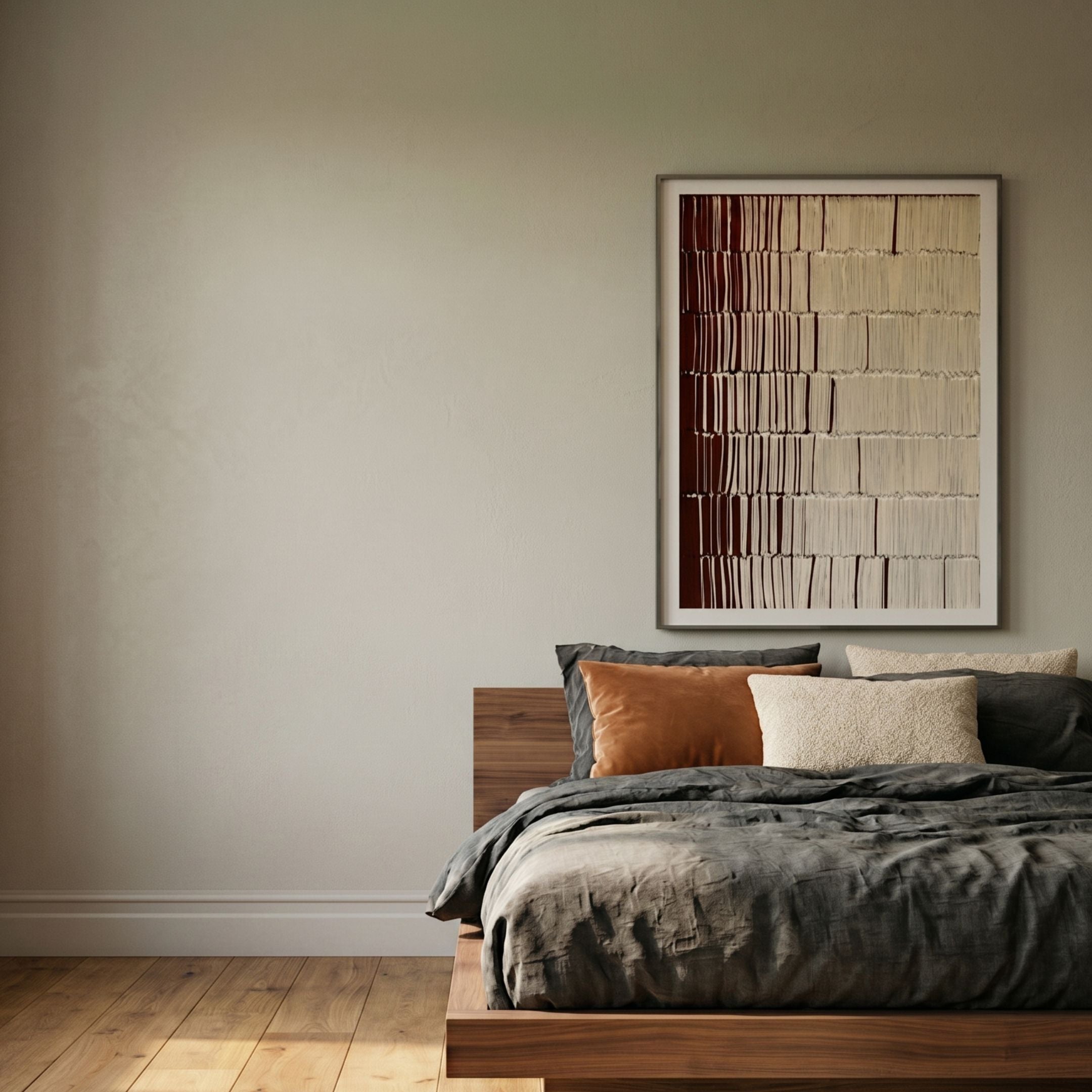 Linara Burgundy & Ivory Stripe Relief 3D Wall Art by Giant Sculptures hung above a walnut bed with grey linen bedding and tan and cream cushions.