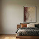 Linara Burgundy & Ivory Stripe Relief 3D Wall Art by Giant Sculptures hung above a walnut bed with grey linen bedding and tan and cream cushions.