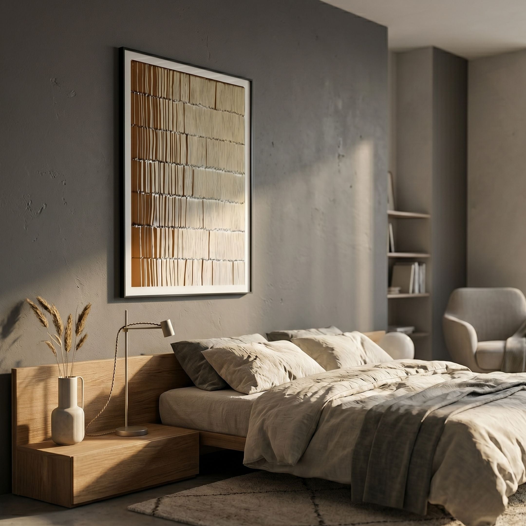 Linara Brown & Ivory Stripe Relief 3D Wall Art by Giant Sculptures displayed above a wooden bed with linen bedding in a warm neutral bedroom.