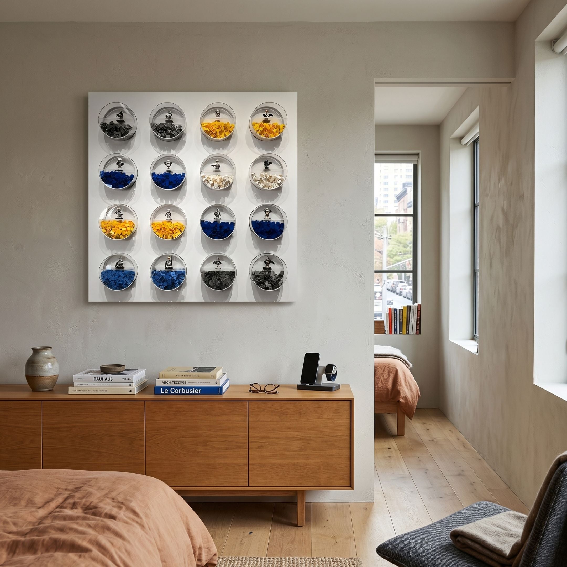 Blockform Star Wars 16-Character Pods Acrylic 3D Wall Art by Giant Sculptures mounted above a wooden sideboard in a modern bedroom with books and decor.